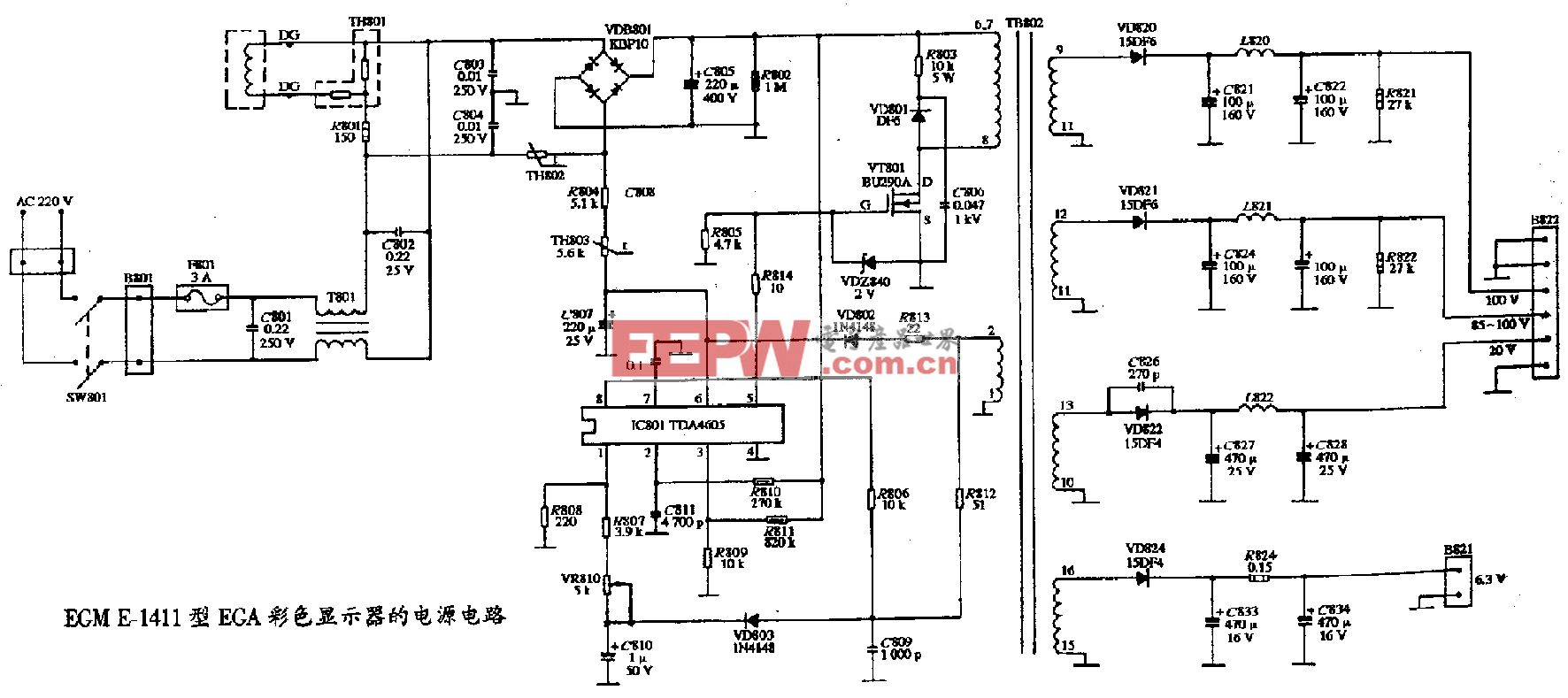 97、EGM E-1411彩色显示器的电源电路图